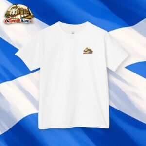 White T-shirt with a small Tavish Tram logo on the left chest, showing a cartoon tram image against a blue background.