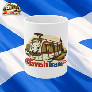 White mug featuring a cheerful cartoon tram labeled 'Tavish Tram' with a smiling face. Promotional mug with the Tavish Tram logo and cartoon tram graphic.