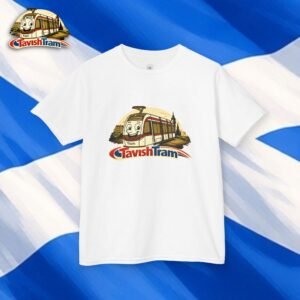 White T-shirt featuring a cartoon tram illustration and Tavish Tram logo on a blue striped background.